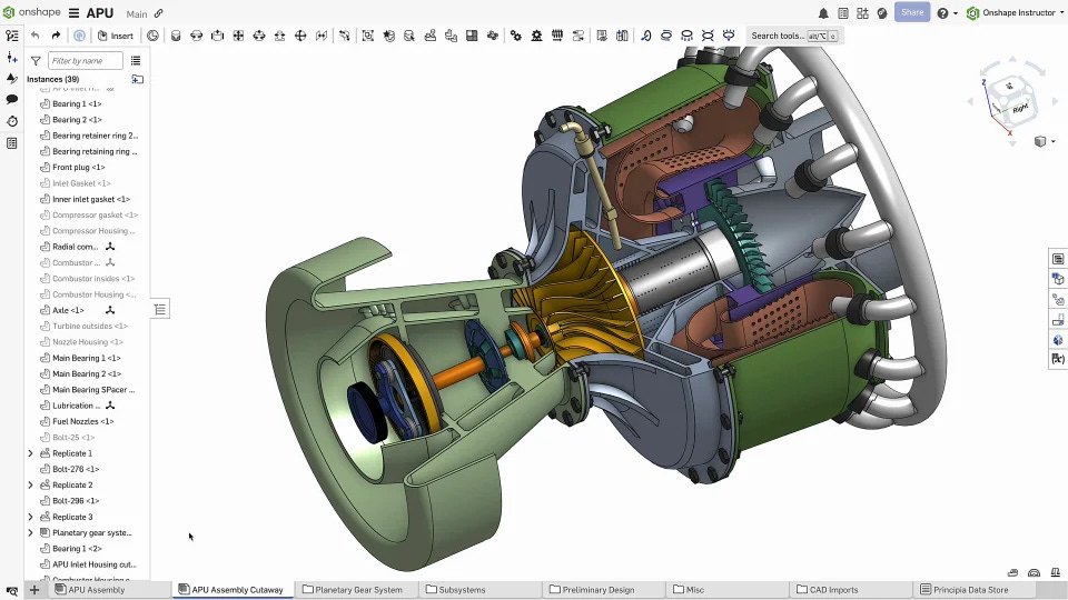 Onshape CAD workspace displaying a mechanical assembly reference model