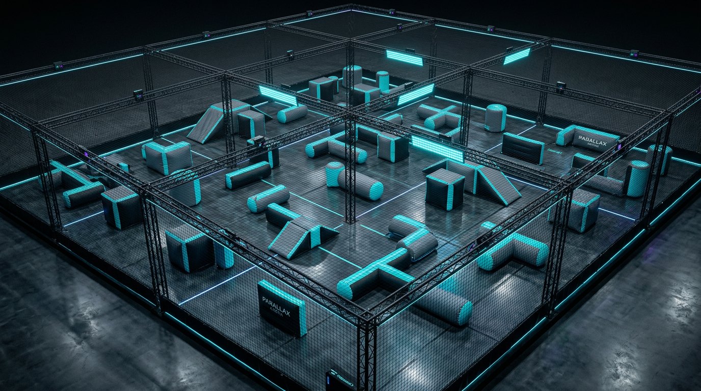 Digital concept render of a modular Parallax Arena layout with netted zones, glowing lane boundaries, obstacles, target areas, and perimeter sensing points