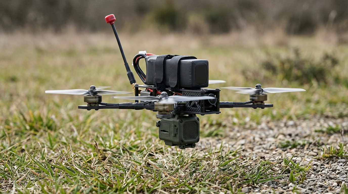 Product render of a compact FPV drone carrying a Parallax Clarion speaker payload near ground level