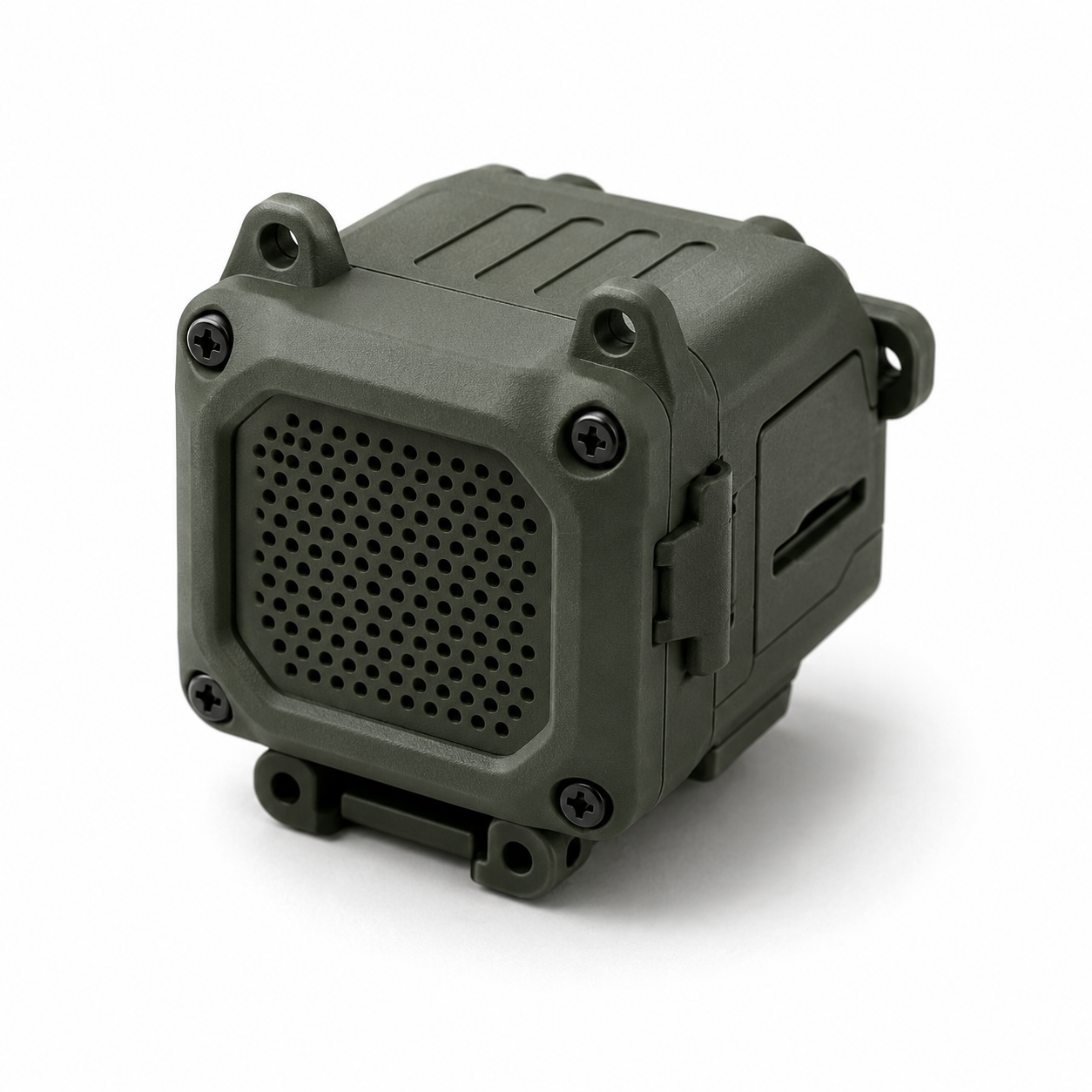 Product render of the Parallax Clarion compact drone speaker payload in an olive ruggedized housing