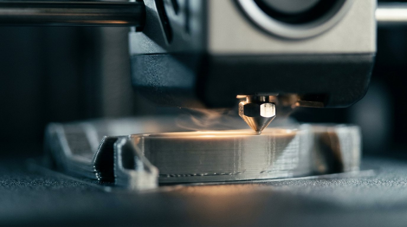 Close-up of a 3D printer producing an iteration part in the Parallax workshop