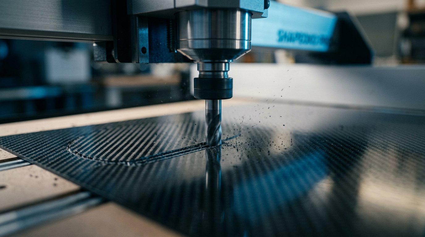 In-house CNC router cutting a carbon-fiber sheet for hardware development